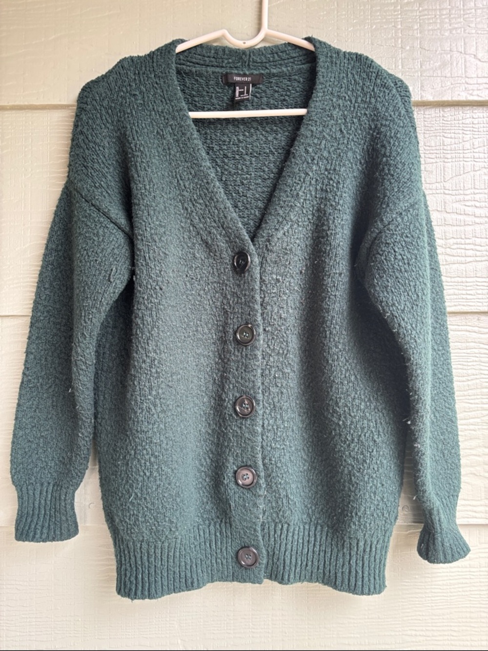 Forever 21 Dark Forest Green Bouclé Button-Up Cardigan
